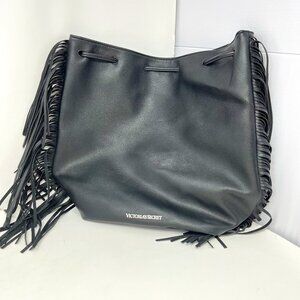 Victoria's Secret Drawstring Blk Faux Leather Backpack Fringe Cinch Bag Bookbag